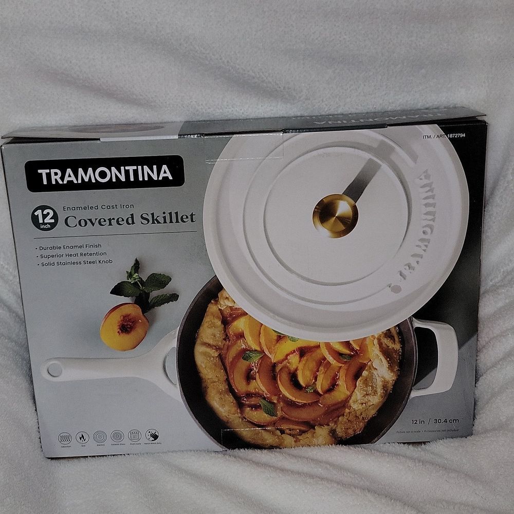 Tramontina 12 Inch Enameled Cast Iron Skillet & Covered Lid • White / Gold • New